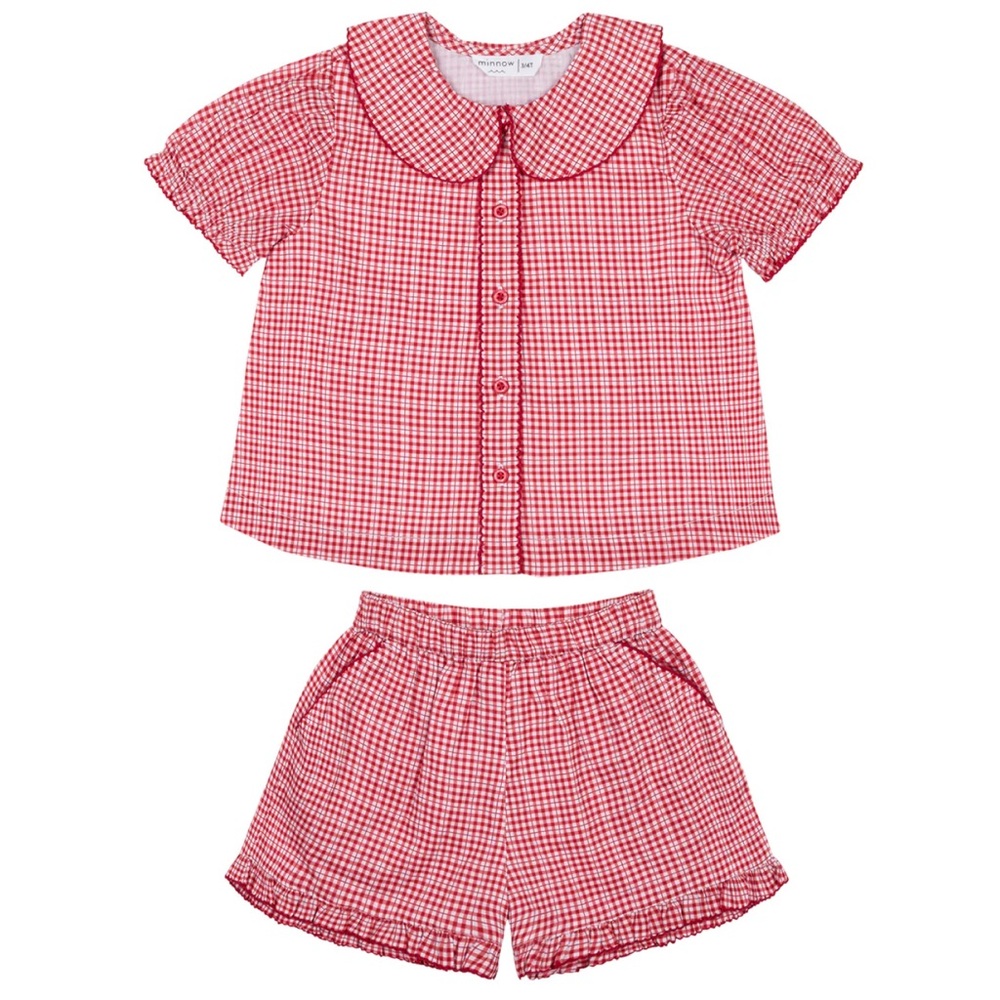 Minnow girls poppy gingham puff sleeve top and ruffle short set